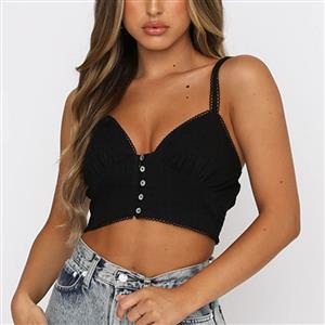 Sexy Black Spaghetti Straps V Neck Button Camisoles Embroidered Lace Stitching Slim Crop Top N21109