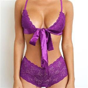 Sexy Purple Floral Lace Deep V Front Cross Straps Bra And Panty Bikini Lingerie Set N21263