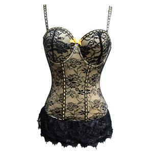 Charming Brocade Floral Lace Hemline Spaghetti Straps Stretchy Chemise Bustier Corset N19452
