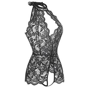 Sexy Halter Cut-out Crotchless Elastic See-through Lace Backless Bodysuit Teddies Lingerie N21966