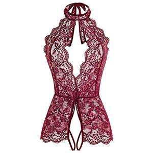 Sexy Halter Cut-out Crotchless Elastic See-through Lace Backless Valentines Teddies Lingerie N21967