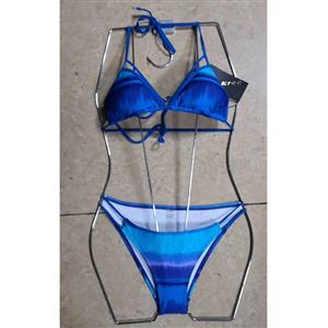 Sexy Blue Halter Lace-up Low Cut Swimwear Three-point Bikini Set BK21123
