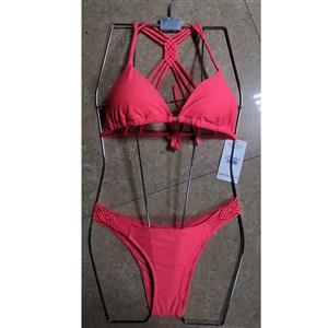 Sexy Rose-red Halter Type Bandage Knot Bra Top Beachwear Three-Point Bikini Set BK21124