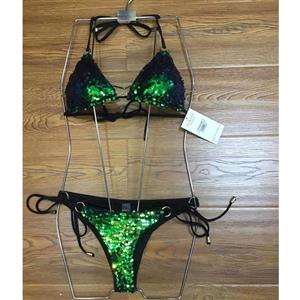 Sexy Shiny Green Halter Metal Ring Low Cut Three-Point Bikini Set BK21129