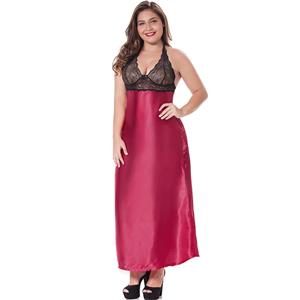 Sexy Wine-Red Halter V Neck Lace Splicing Sleepwear Plus Size Gown N17454