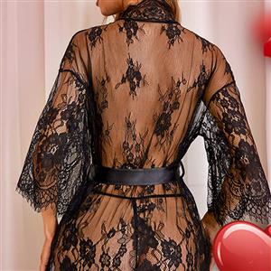 Sexy Black Lace See-through Lace-up Pyjamsa Midi Lingerie N22708