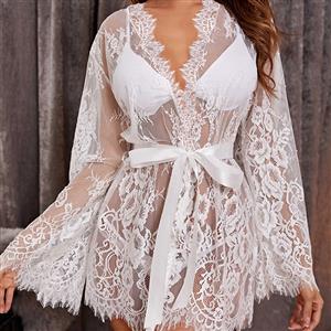 Sexy White Robe, Sexy Women's Loungewear, Soft Material Robe, Cheap White Pyjamsa, Lure White Lace Lingerie, Sexy White Floral Lace See-through Lace-up Pyjamsa Mini Dress Lingerie,#N23207