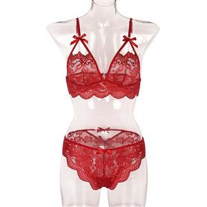 Sexy Wine-red Spaghetti Straps See-through Backless Lace Bra and Thong Lingerie Set N23162