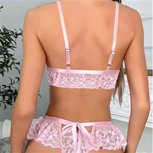 Sexy Pink Lace-up Spaghetti Straps See-through Backless Lace Bra and Thong Lingerie Set N23287