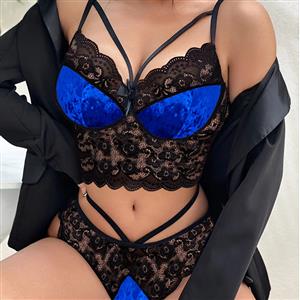 Sexy Blue Lace See-through Backless Spaghetti Straps Bra and Thong Lingerie Set N23337