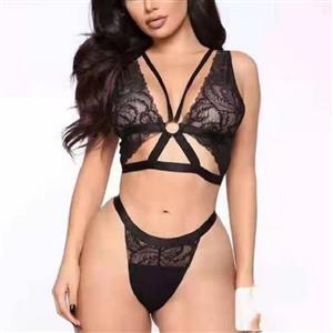 Sexy Black Strappy Bandage Lace Bra and Thong Tight-fitting Lingerie Set N21000