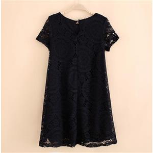 Black Round Neck Short Sleeve Lace Dress N12742