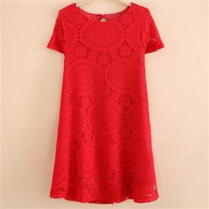 Women's Lace Dress, Round Neck Dress, Summer Dress, Short Sleeve Dress, #N12743