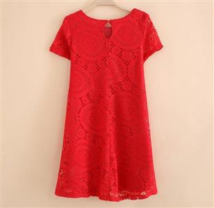 Red Round Neck Short Sleeve Lace Dress N12743
