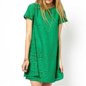 Green Round Neck Short Sleeve Lace Dress N12744