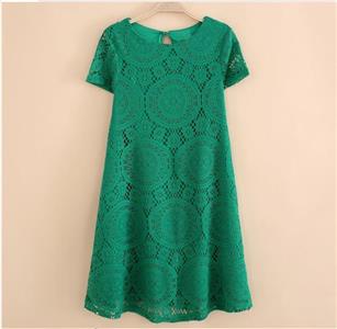Green Round Neck Short Sleeve Lace Dress N12744
