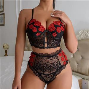 Lace Lingerie Set, Sexy Black and Red Lingerie Set, Cheap Fashion Lingerie Set, Valentine's Day Lingerie Set, Sexy Lingerie Set for Women Black and Red, Sexy Lace Spaghetti Straps Hollow Out Bra and Thong Lingerie Set ,#N23106
