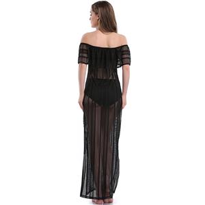 Sexy Black Stripe See-through Fishnet Lace Off the Shoulder Cover Up N14144