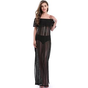 Sexy Black Stripe See-through Fishnet Lace Off the Shoulder Cover Up N14144