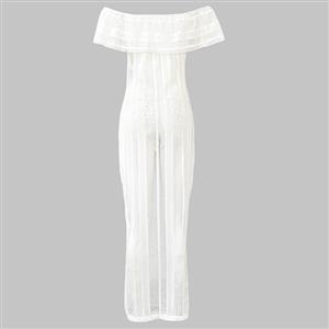 Sexy White Stripe See-through Fishnet Lace Off the Shoulder Cover Up N14145