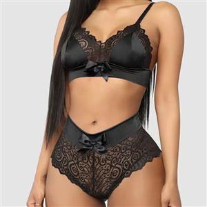 Sexy Black Lace Spaghetti Straps See-through Bra and Thong Lingerie Set N23116