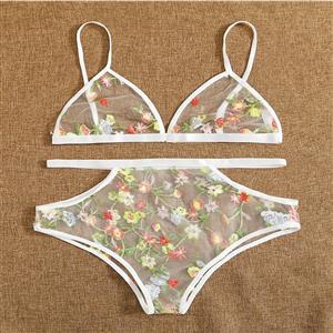 Sexy White Sheer Mesh Floral Embroidery Spaghetti Straps Bra And Panty Lingerie Set N21231
