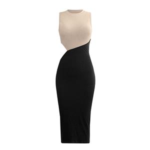 Vintage Mockneck Sleeveless Patchwork Cut-out Sexy Elastic Knitted Bodycon Wrap Dress N21655
