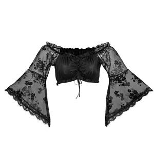 Sexy Black Lace Long Sleeve Off Shoulder Ruched Ruffled Crop Top N22674
