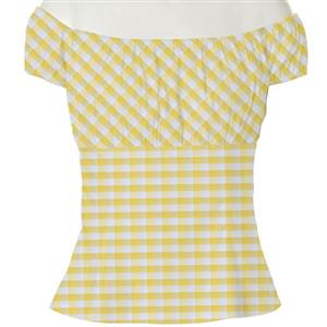 Sexy Yellow Plaid Short Sleeve Off Shoulder T-shirt N12176