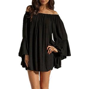 Sexy Black Ruffled Off Shoulder Long Sleeve Blouse Top Mini Dress N15317