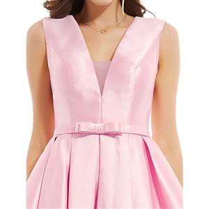 Women's Sexy Pink Sleeveless V Neck Bowknot A-line High-low Homecoming Dress N15844