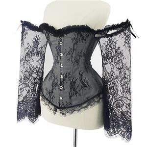 Women's Sexy Gothic Plastic Boned Off-shoulder Overbust Corset with Long Floral Lace Sleeve N21837