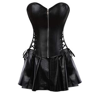 Sexy Punk Black Faux Leather Lacing up Zipper Corset and Mini Skirt Set N18321