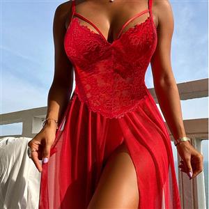 Sexy Red Lace Low Bra Backless Babydoll Sleepwear Waist Open Mini Dress Lingerie N23227