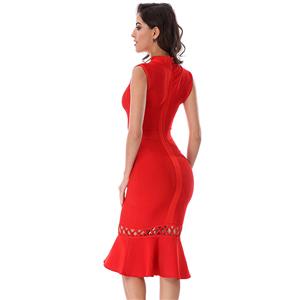 Women's Sexy Red Sleeveless Hollow Out Mermaid Bandage Midi Dress N15230