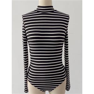 Black&White Stripe Print Mock Neck Long Sleeve Bodysuit Romper N12666