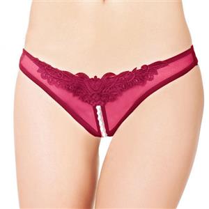 Sexy Rose-Red Crotchless Applique Pearl Panty PT17275