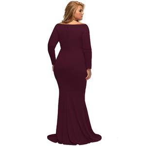 Sexy V Neck Long Sleeve Evening Party Fishtail Plus Size Maxi Dress N14457