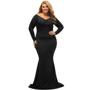 Sexy V Neck Long Sleeve Evening Party Fishtail Plus Size Maxi Dress N14458