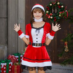 5pcs Classic Red And White Santa Girl Short Sleeve Lace Mini Dress Christmas Costume XT19998