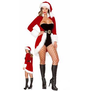 4pcs Women's Sexy Santa Girl Strapless Bodysuit and Red Velvet Jacket Christmas Costume XT18484