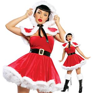 Women's Sexy Santa Girls Red Velvet Strapless Mini Dress with Cloak Christmas Costume XT18372