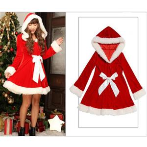Women's Cute Santa Girl Velvet Long Sleeves Mini Dress Furry Christmas Costume With Hat XT18364