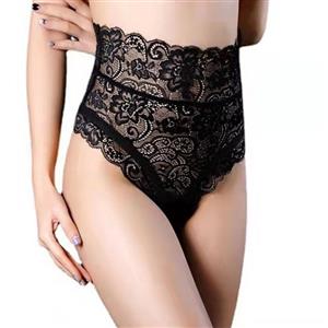 Sexy Black See-through Lace Back Bandage Cut-out Cozy Underwear High Waist Panties PT21943