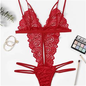 Sexy Lure Red See-through Lace Straps Hollow Out Bodysuit Teddies Lingerie N23174