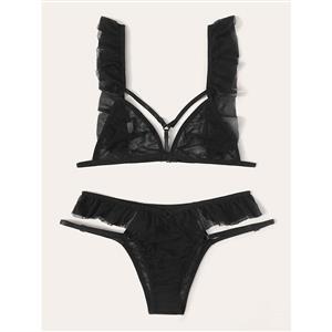 Sexy See-through Mesh Strappy Bralette and Panties Ruffle Trim Sleepwear Lingerie N22001