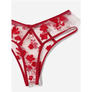 Sexy See-through Mesh Red Floral Embroidery Crop Top and Panties Sleepwear Lingerie N21981