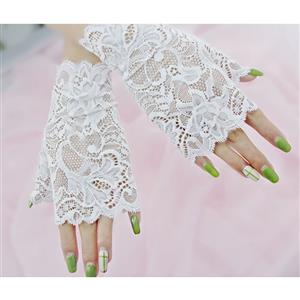 Vintage See-through White Floral Lace Fingerless Gloves Lolita Cosplay Bridal Accessory HG21907