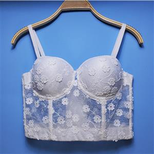 Sexy White Sheer Lace Flowers Padded Underwire B Cup Bustier Bra Clubwear Crop Top N20533