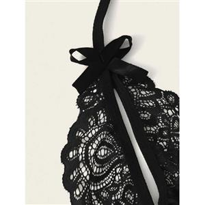 3Pcs Sexy Black Sheer Floral Lace Halter Bowknot Bikini Lingerie Bra Thong Set With Garter N20712